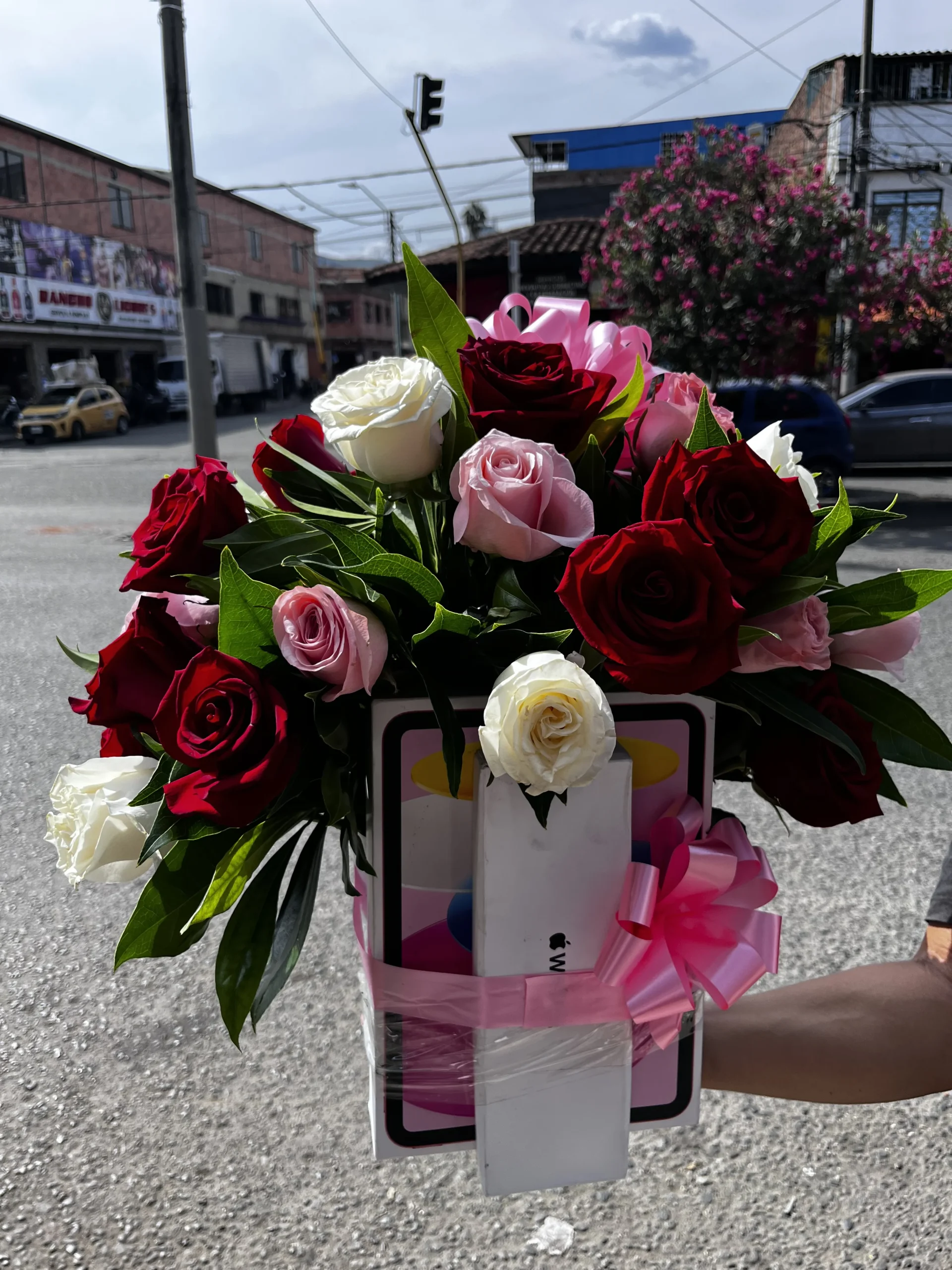 Rosas rojas, rosadas y blancas en caja